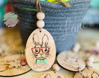 Personalized Easter Basket Tag: Cursive Bunny with Glasses, Maple Plywood