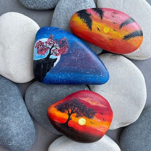 Painted Sea Stone: Acrylic Sunset Landscape Rock Art