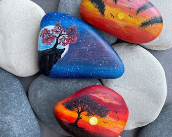 Painted sea stones rocks, painting sunset and sunrise stones, art color sea stone, paint rock sunset, personalization drawing stone