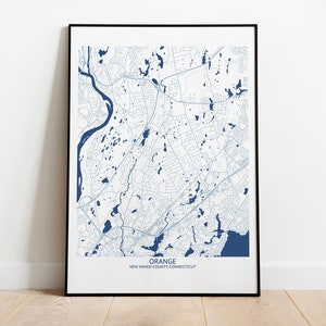 May include: A framed map of Orange, New Haven County, Connecticut. The map is in blue and white and shows the streets and waterways of the town.