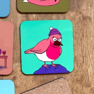 Grumpy Robin - Fun Festive Cartoon Coaster, printed high quality with cork backing