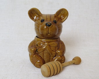 Adorable Vintage Teddy Bear Shaped Lidded Honey Jar Keeper Pot with Wood Honey Stick Scoop Drizzler