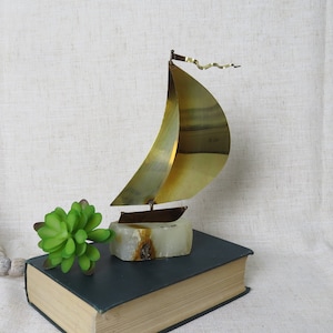 Vintage Brass Metal and Quartz Stone Rock Sailboat Sculpture Figurine; Signed DeMott, Nautical, Sailor, Boathouse Decor