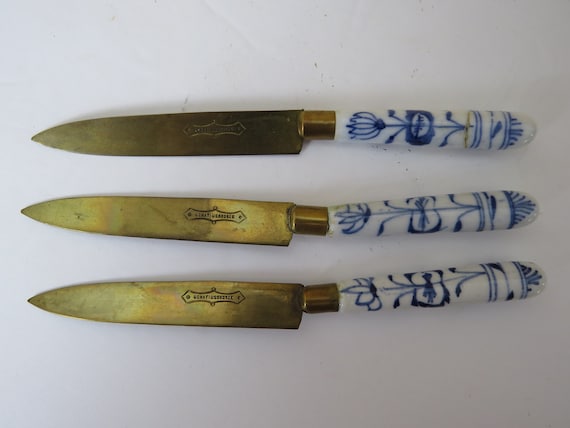 Vintage Meissen Porcelain Fruit Knives, Uchatius Bronze, German Fruit Knives,  Vintage Cutlery, Meissen Porcelain, Vintage Brass Knives 