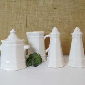 Vintage Pfaltzgraff Heritage White Serving Set, Creamer, Sugar Bowl with Lid, Salt and Pepper Shakers; Large Geometric, Classic, Solid White