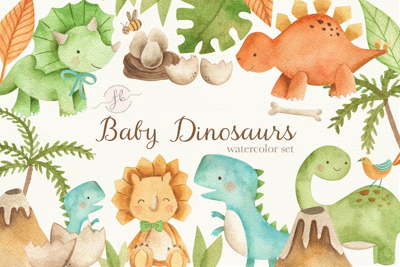 Baby Dinosaurs Watercolor Clipart image 1