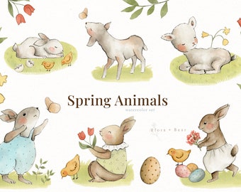 Spring Animals, easter bunny watercolor clipart