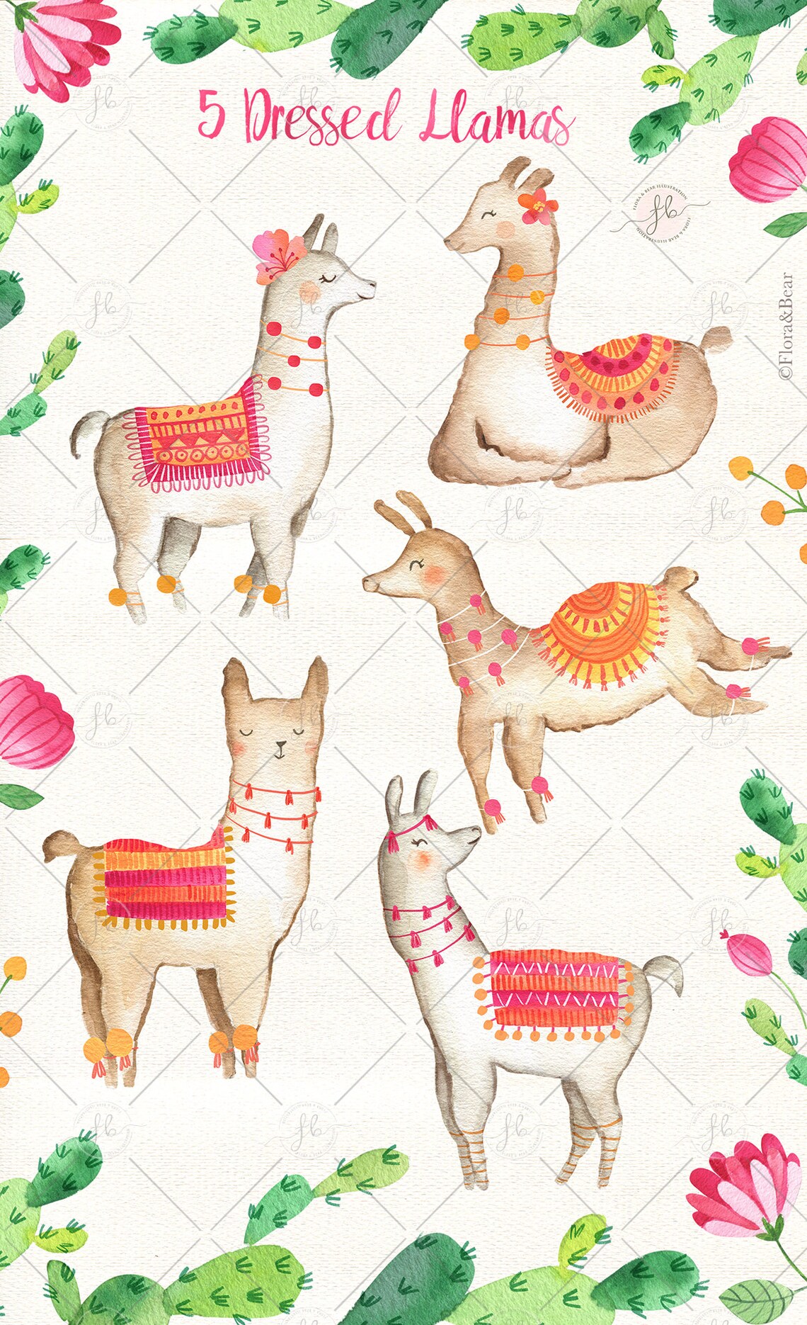 Llama Watercolor Clipart Alpaca Floral Digital Download Summer | Etsy