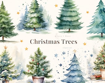 Christmas Trees Watercolor Clipart , Winter Pine