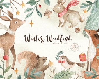 Winter Woodland Watercolor Clipart Christmas Holidays Digital Download