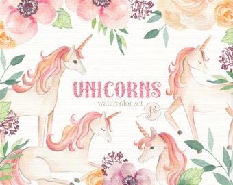 Unicorn Clipart  Watercolor Clipart  Unicorn Invitation Floral Clipart Digital Download  Digital Paper Unicorn