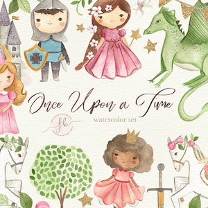 Prinzessin und Ritter Aquarell Clipart Märchen Digitaldownload