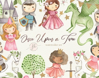 Può includere: Illustrazioni ad acquerello di una scena da fiaba con un castello, un cavaliere, una principessa, un drago e un albero. Le illustrazioni sono in uno stile fantasioso e sono perfette per aggiungere un tocco di magia a qualsiasi progetto.