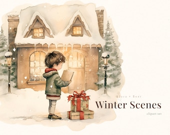 Winter Scenes Watercolor Christmas Clipart