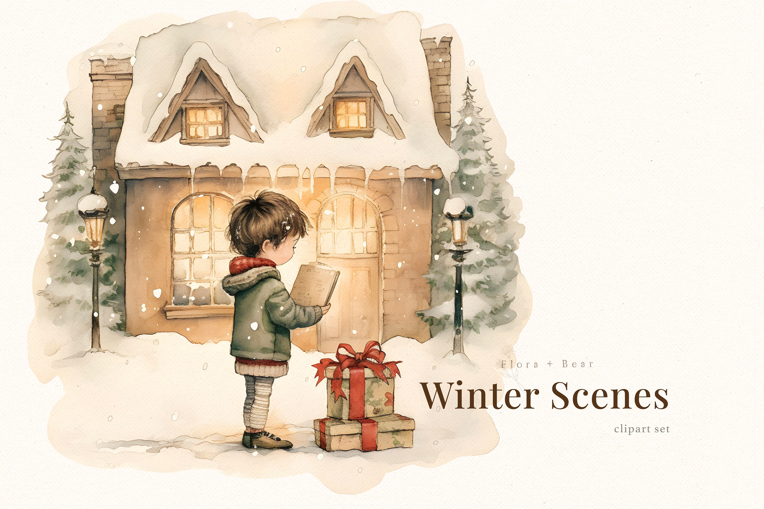 Winter Scenes Watercolor Christmas Clipart