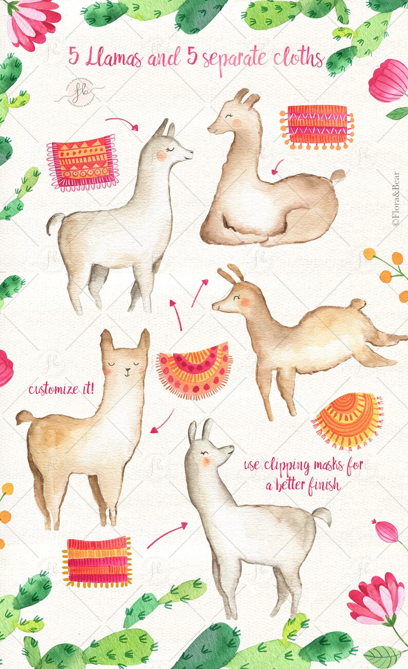 Llama Watercolor Clipart Alpaca Floral Digital Download Summer | Etsy