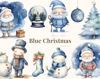 Blue Christmas Watercolor Clipart , Winter Holidays Digital Download