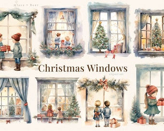 Christmas Windows watercolor clipart , winter holidays