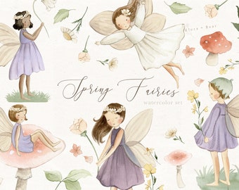 Spring Fairies watercolor Clipart, Fairy Garden, Flower Fairies