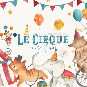 Circus Clipart Watercolor Clipart Circus Invitation Bear Elephant Cat Panda Clip Art Nursery Decor Baby Shower Printable