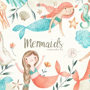 Mermaids Watercolor Clipart Digital Download