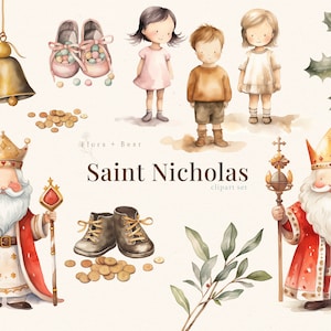 May include: Watercolor clipart set featuring Saint Nicholas, a traditional Christmas figure, with a red robe, gold crown, and white beard. The set also includes a holly sprig, a pair of brown boots, a group of gold coins, and two children.