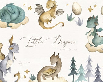 Dragons Watercolor Clipart Set Baby Nursery Illustration