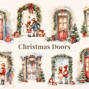 Christmas doors , winter holidays watercolor clipart Set