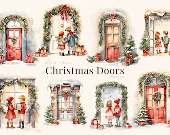 Christmas doors , winter holidays watercolor clipart Set