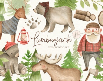 Lumberjack Watercolor Clipart Woodland Animals Digital Download