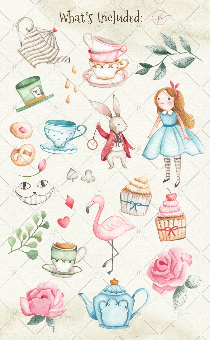Alice In Wonderland Tea Party Watercolor Clipart image 2
