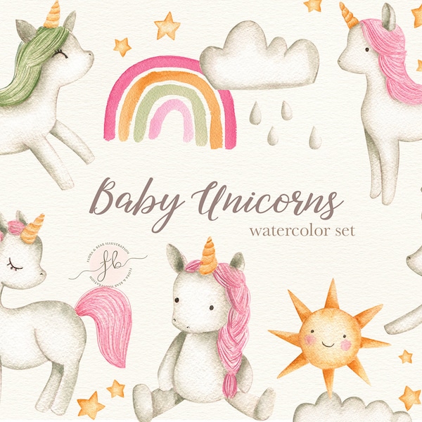 Bebé unicornios acuarela Clipart vivero imprimible