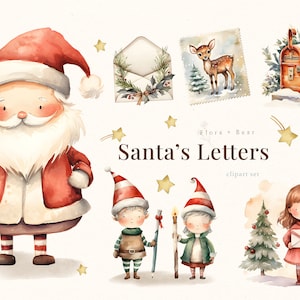 Clipart de acuarela de Navidad con cartas de Papá Noel