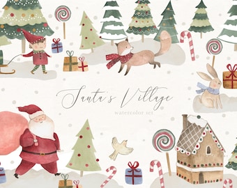 Christmas Watercolor Clipart Santa's Village