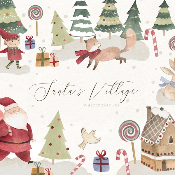 Christmas Watercolor Clipart Santa's Village