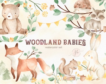 Watercolor Clipart Woodland Animals Woodland Clipart Floral Clipart Nursery Decor Printable Wall Art Woodland Nursery