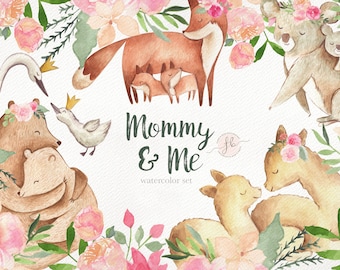 Mommy and Me Watercolor Clipart Animal Floral Crown Spring Wreath Baby Nursery Decor