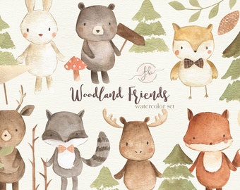 Woodland Animals Watercolor Clipart Digital Download