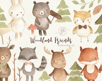 Puede incluir: Ilustraciones de acuarela de animales del bosque, incluyendo un conejo, un oso, un zorro, un ciervo, un mapache y un alce. Todos los animales llevan pajaritas y tienen expresiones amigables. Las ilustraciones son perfectas para añadir un toque de fantasía a cualquier proyecto.