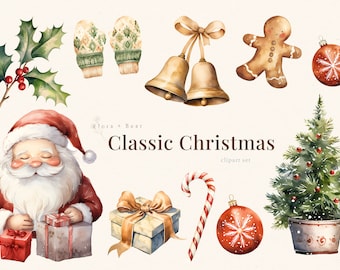 Classic Christmas Watercolor Clipart , Santa Claus