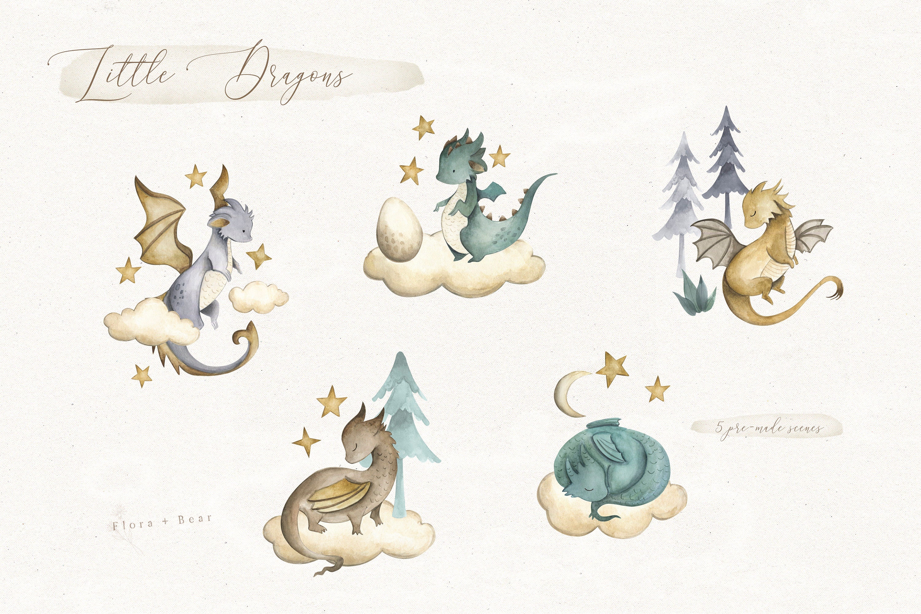 Dragons Watercolor Clipart Set Baby Nursery Illustration - Etsy