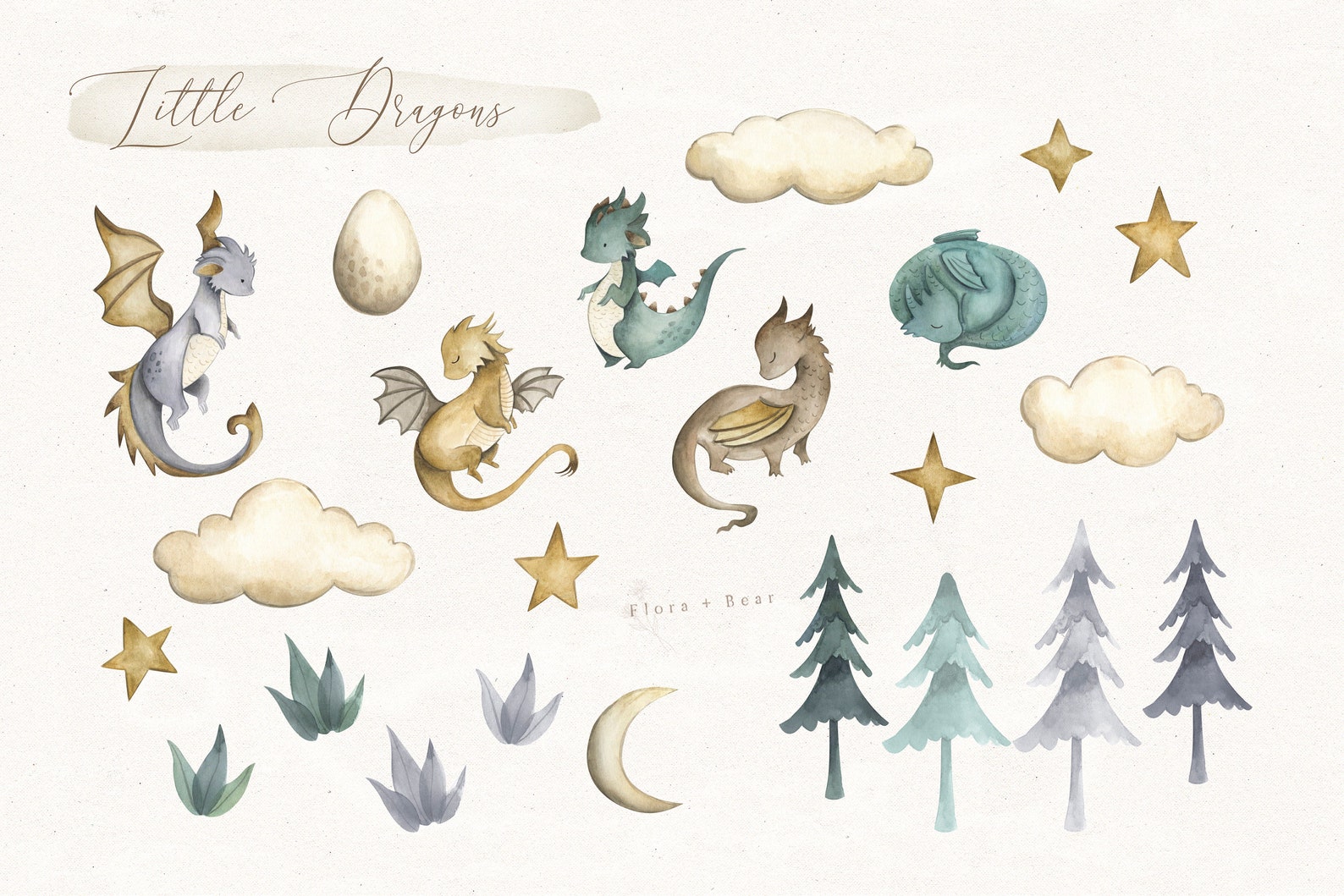 Dragons Watercolor Clipart Set Baby Nursery Illustration - Etsy