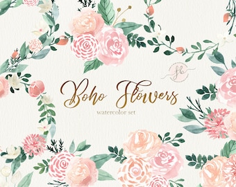 Boho Flowers Watercolor Clipart Floral Clipart Digital Download Planner Printable Floral Wreath