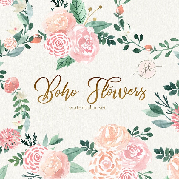Boho flores acuarela clipart Floral Clipart Digital Download Planner imprimible Floral Wreath