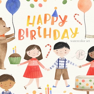 Clipart aquarela de festa de aniversário menino menina animais da floresta