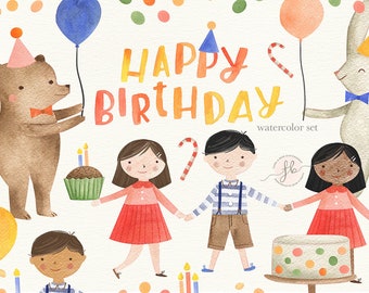 Birthday Party Watercolor Clipart Boy Girl  Woodland Animals