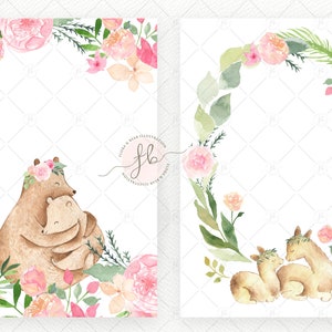 May include: Two watercolor illustrations featuring floral wreaths with a mother and baby bear and a mother and baby deer. The floral wreaths are pink and green and the animals are brown.