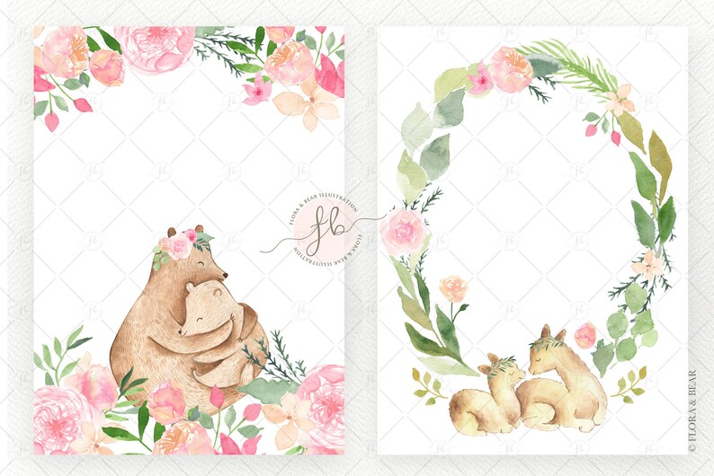 May include: Two watercolor illustrations featuring floral wreaths with a mother and baby bear and a mother and baby deer. The floral wreaths are pink and green and the animals are brown.