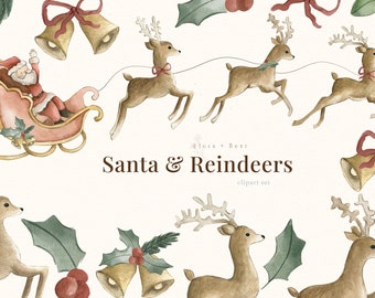 Santa & Reindeers Watercolor Clipart, winter holidays