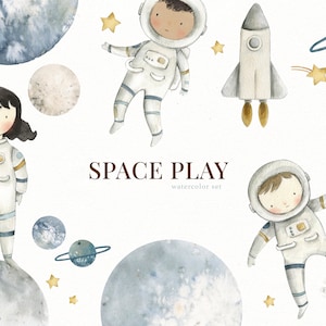 Astronaut im Weltraum Aquarell Clipart Set